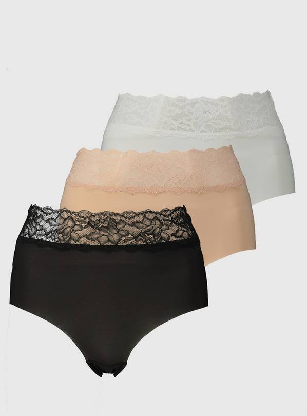 Black, Nude & White Lace Top Full Knickers 3 Pack - 26